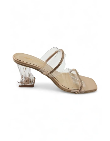 Vixen Bej Kadın Şeffaf Bantlı Taşlı Topuklu Terlik