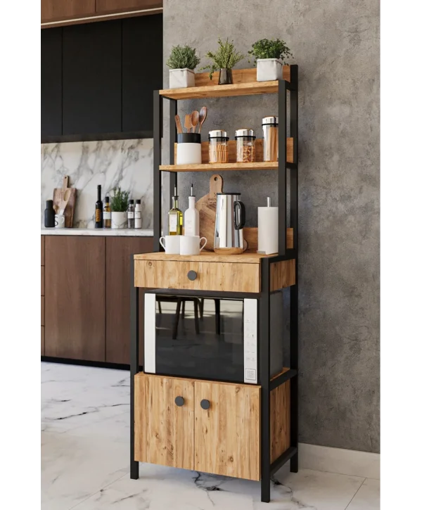 Çekmeceli 2 Kapaklı Çok Amaçlı Dolap Mutfak Bangosu Mikrodalga Fırın Mini Fırın Dolabı Atlantik Çam