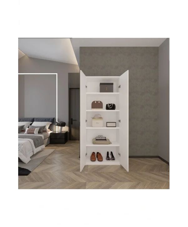 2 Kapaklı 5 Katlı Çok Amaçlı Atlantik Beyaz Elbise Dolabı 70 Cm