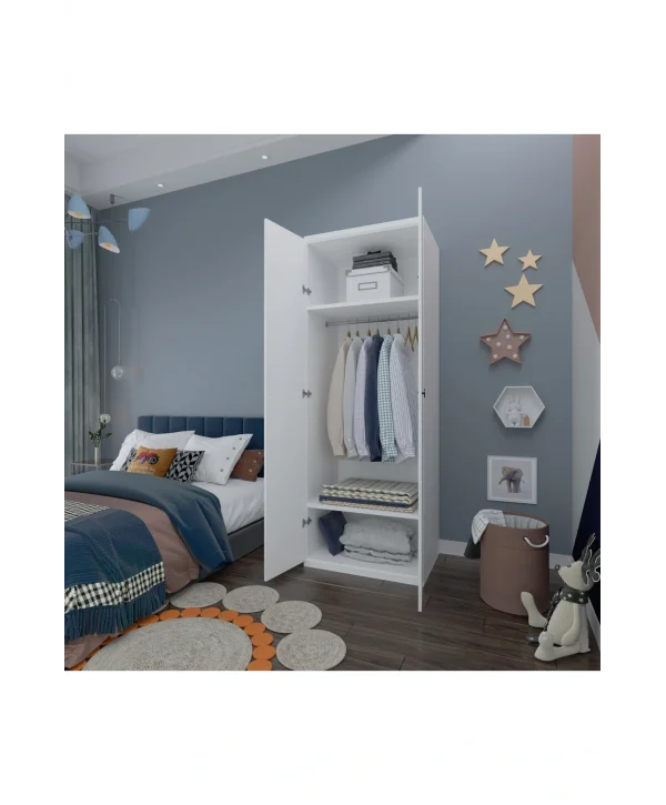 2 Kapaklı Elbise Dolabı - Genç Odası Dolabı Beyaz 80 cm Genişlik