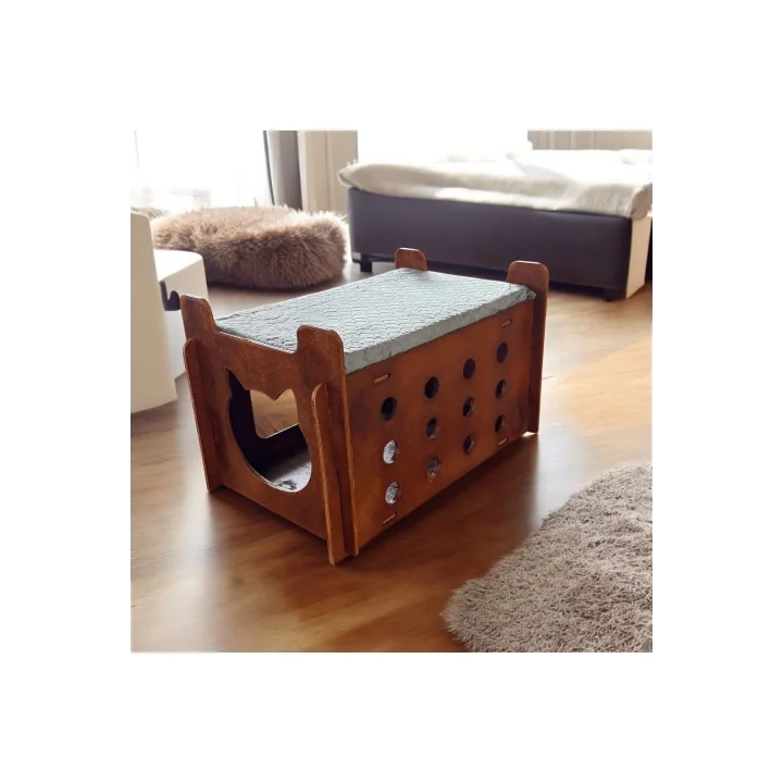 Ed Asia Kedi Evi 2 Katlı Ceviz Renk . Rahat Ve Yıkanabilir Minderi İle Beraber