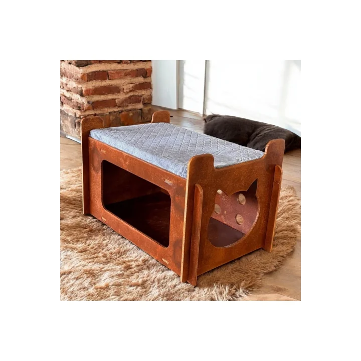 Ed Asia Kedi Evi 2 Katlı Ceviz Renk . Rahat Ve Yıkanabilir Minderi İle Beraber