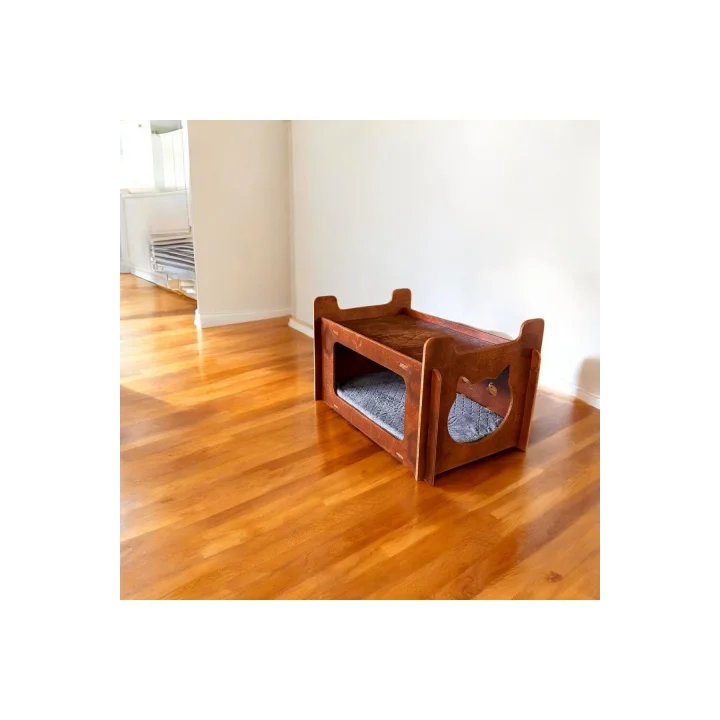 Ed Asia Kedi Evi 2 Katlı Ceviz Renk . Rahat Ve Yıkanabilir Minderi İle Beraber