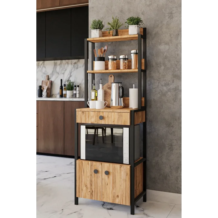 Çekmeceli 2 Kapaklı Çok Amaçlı Dolap Mutfak Bangosu Mikrodalga Fırın Mini Fırın Dolabı Atlantik Çam