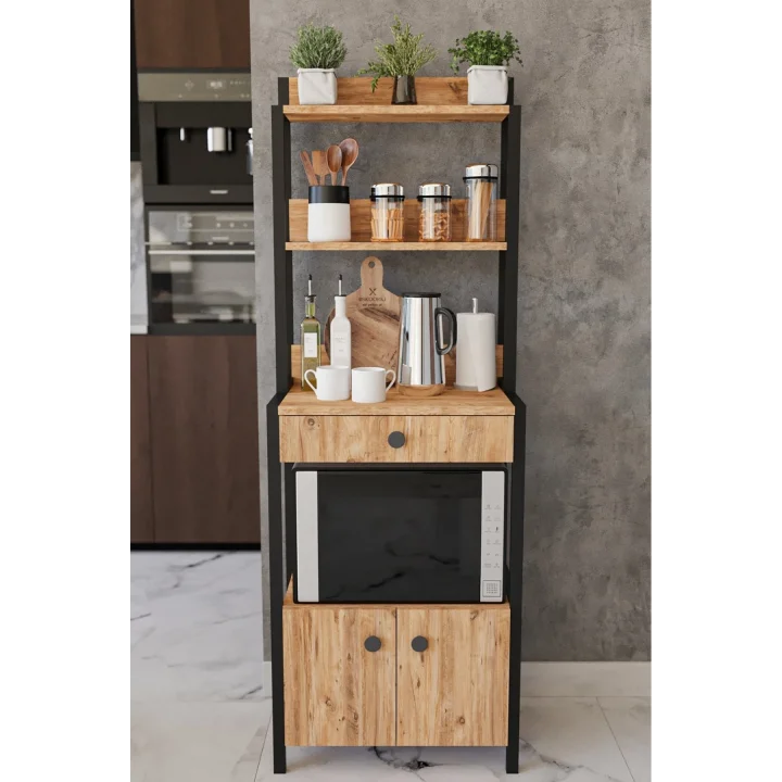 Çekmeceli 2 Kapaklı Çok Amaçlı Dolap Mutfak Bangosu Mikrodalga Fırın Mini Fırın Dolabı Atlantik Çam