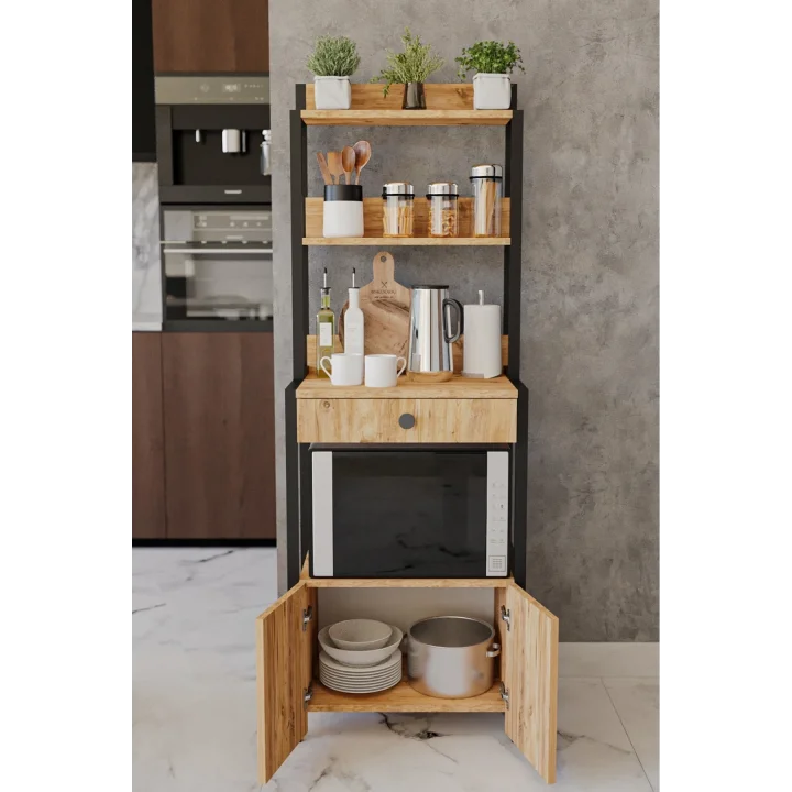 Çekmeceli 2 Kapaklı Çok Amaçlı Dolap Mutfak Bangosu Mikrodalga Fırın Mini Fırın Dolabı Atlantik Çam