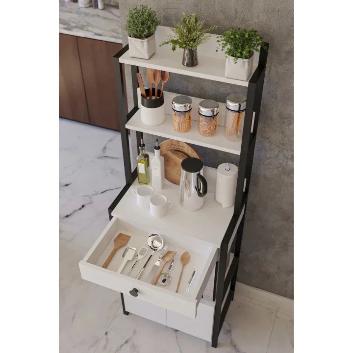 Çekmeceli 2 Kapaklı Çok Amaçlı Dolap Mutfak Bangosu Mikrodalga Fırın Mini Fırın Dolabı Beyaz