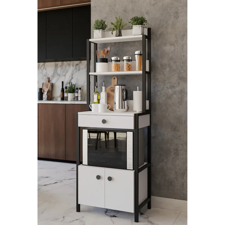 Çekmeceli 2 Kapaklı Çok Amaçlı Dolap Mutfak Bangosu Mikrodalga Fırın Mini Fırın Dolabı Beyaz