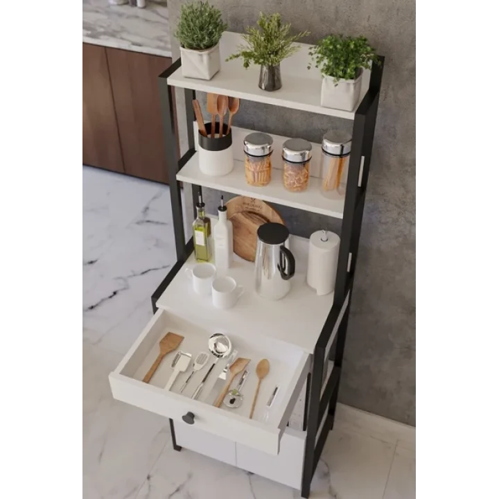 Beyaz Çekmeceli 2 Kapaklı Çok Amaçlı Dolap Mutfak Bangosu Mikrodalga Fırın Mini Fırın Dolabı