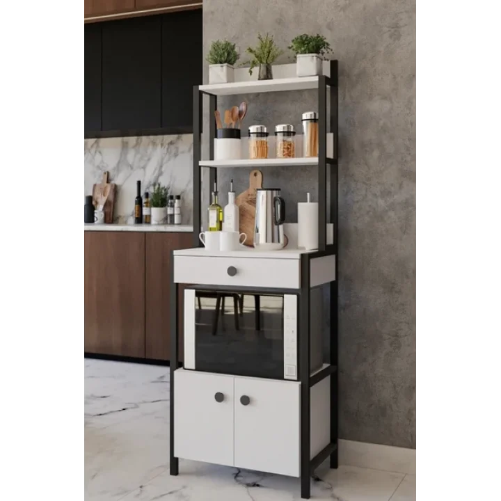 Beyaz Çekmeceli 2 Kapaklı Çok Amaçlı Dolap Mutfak Bangosu Mikrodalga Fırın Mini Fırın Dolabı