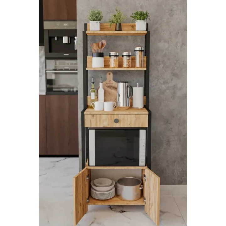 Atlantik Çam Çekmeceli 2 Kapaklı Çok Amaçlı Dolap Mutfak Bangosu Mikrodalga Fırın Mini Fırın Dolabı