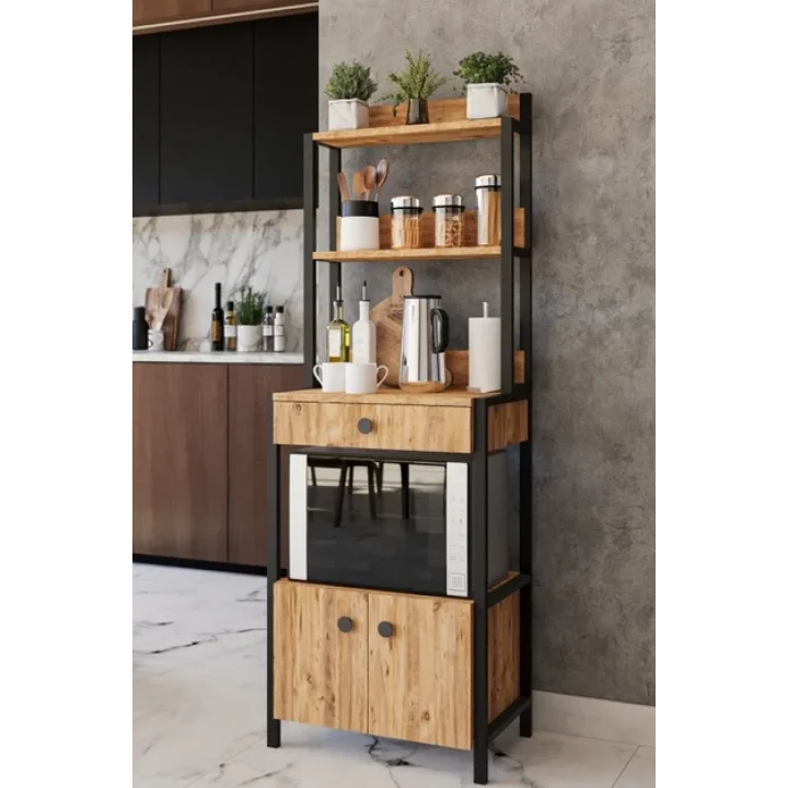 Atlantik Çam Çekmeceli 2 Kapaklı Çok Amaçlı Dolap Mutfak Bangosu Mikrodalga Fırın Mini Fırın Dolabı