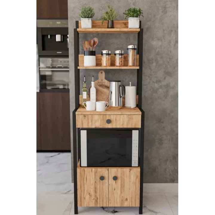 Atlantik Çam Çekmeceli 2 Kapaklı Çok Amaçlı Dolap Mutfak Bangosu Mikrodalga Fırın Mini Fırın Dolabı