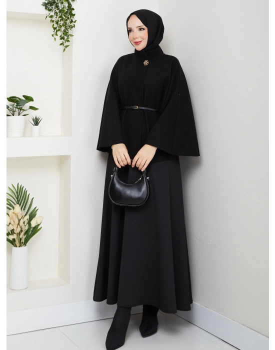 kadın kemerli broş düğmeli kaşe panço