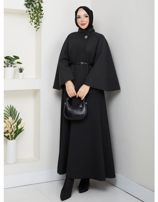 kadın kemerli broş düğmeli kaşe panço