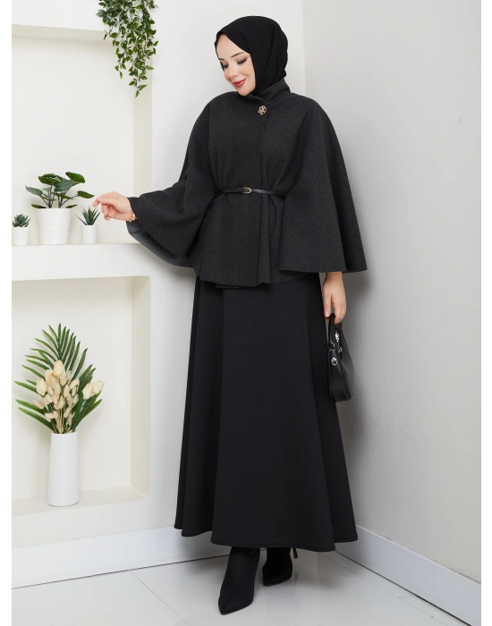 kadın kemerli broş düğmeli kaşe panço