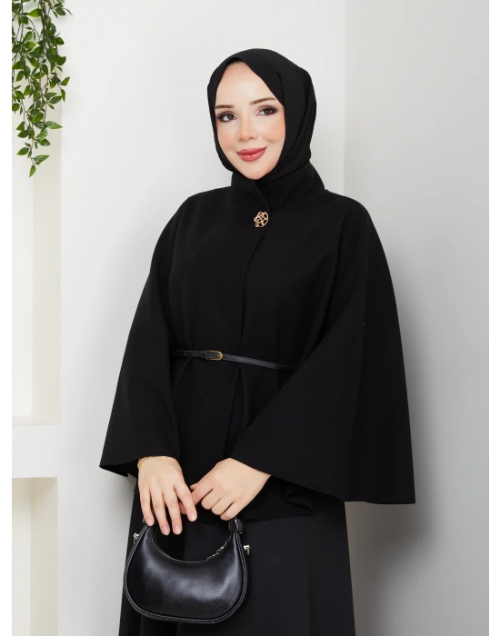 kadın kemerli broş düğmeli kaşe panço