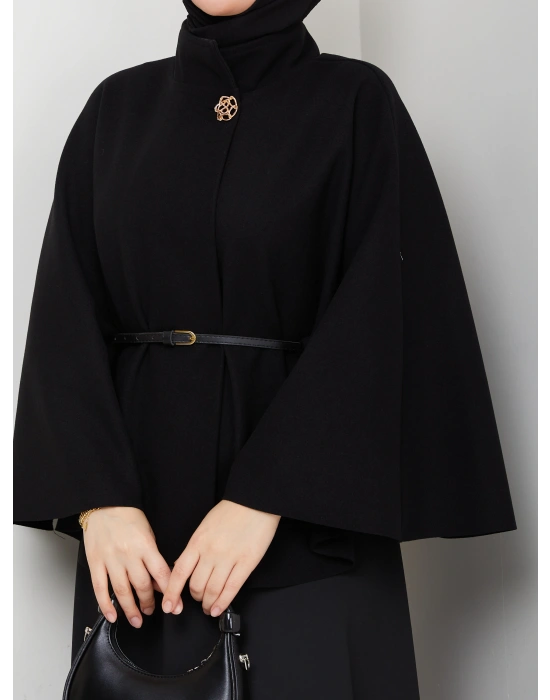 kadın kemerli broş düğmeli kaşe panço