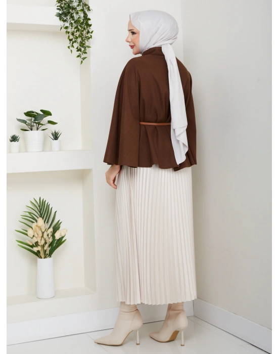 kadın kemerli broş düğmeli kaşe panço