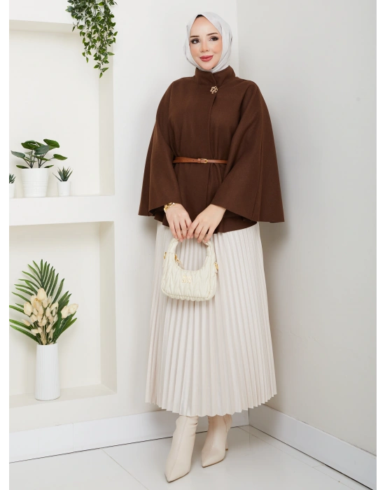 kadın kemerli broş düğmeli kaşe panço