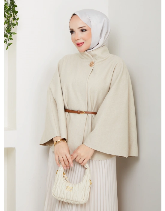kadın kemerli broş düğmeli kaşe panço