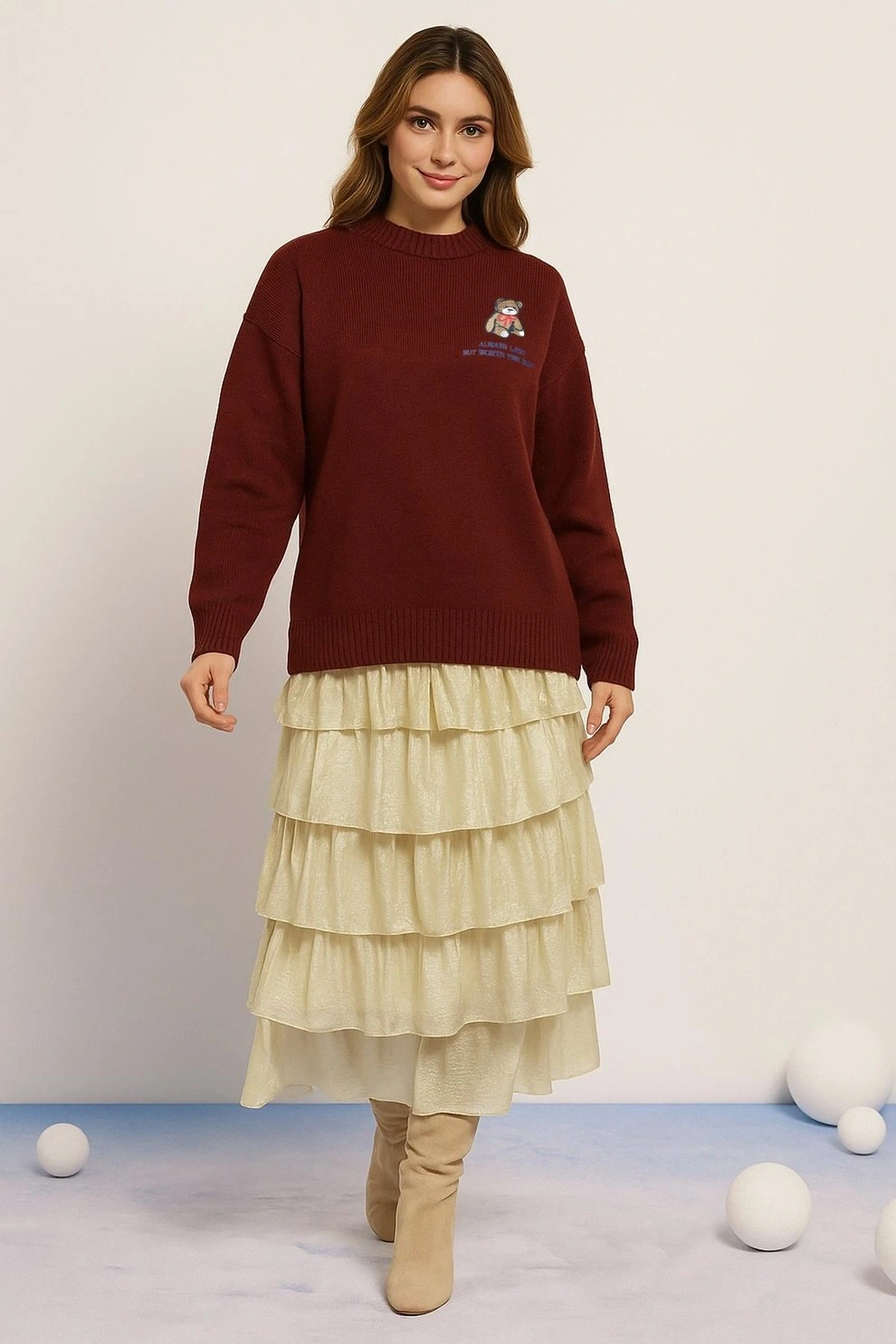 FASHION NAKIŞLI KAZAK 313K1 - BORDO