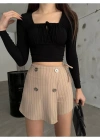 Bej Düğme Detaylı İtalyan Çizgili Şort Etek