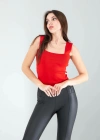 Kırmızı Kare Yaka Kalın Askı Triko Crop Bluz