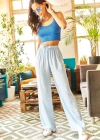 Kuşaklı Açık Mavi Dokuma Viscon Palazzo Pantolon
