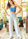 Kuşaklı Açık Mavi Dokuma Viscon Palazzo Pantolon