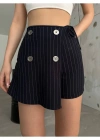 Lacivert Düğme Detaylı İtalyan Çizgili Şort Etek