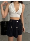 Lacivert Düğme Detaylı İtalyan Çizgili Şort Etek