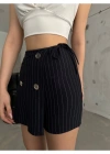 Lacivert Düğme Detaylı İtalyan Çizgili Şort Etek
