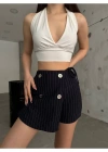 Lacivert Düğme Detaylı İtalyan Çizgili Şort Etek