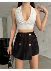 Siyah Düğme Detaylı İtalyan Çizgili Şort Etek