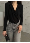 Siyah Kruvaze Yaka Vatkalı Bodysuit