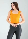 Turuncu Kare Yaka Kalın Askı Triko Crop Bluz