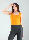 Turuncu Kare Yaka Kalın Askı Triko Crop Bluz
