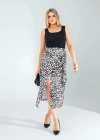 Yandan Büzgülü Leopar Desenli Saten Etek