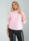 Yarım Düğme Pembe Çizgili Beyaz Gömlek