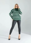 Yeşil Dik Yaka Çizgili Triko Kazak