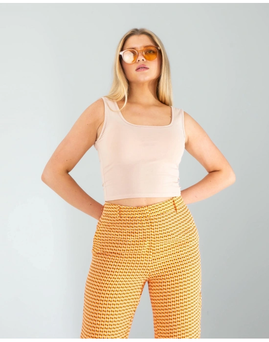 Bej Kare Yaka Basic Bluz