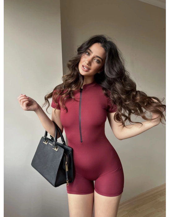 Bordo Fermuarlı Şort Tulum