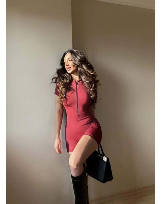 Bordo Fermuarlı Şort Tulum