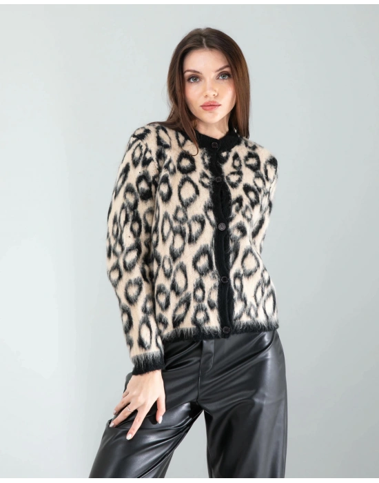 Camel Leopar Desen Sakal Triko Hırka