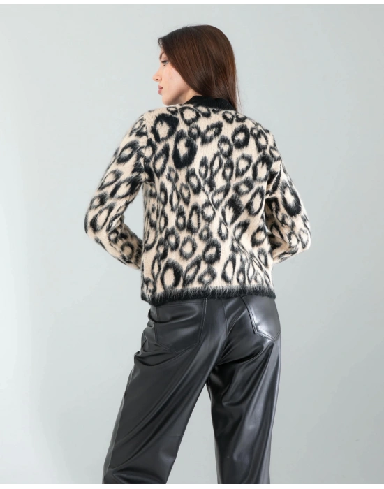 Camel Leopar Desen Sakal Triko Hırka