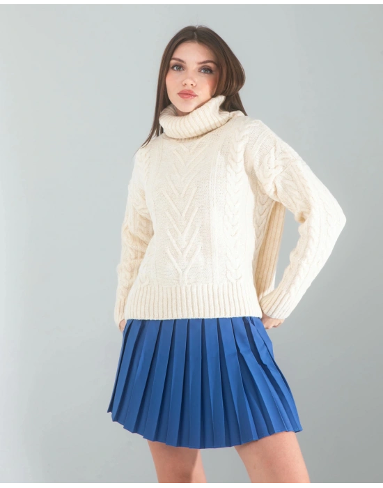 Ekru Saç Örgü Triko Kazak