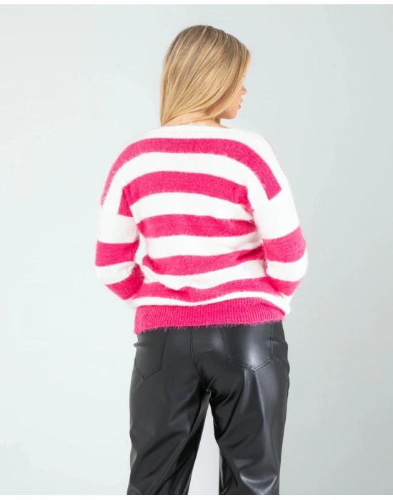 Fuşya Çizgili Triko