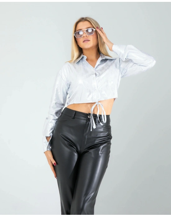 Gümüş Yılan Varaklı Beli Bağcıklı Gömlek