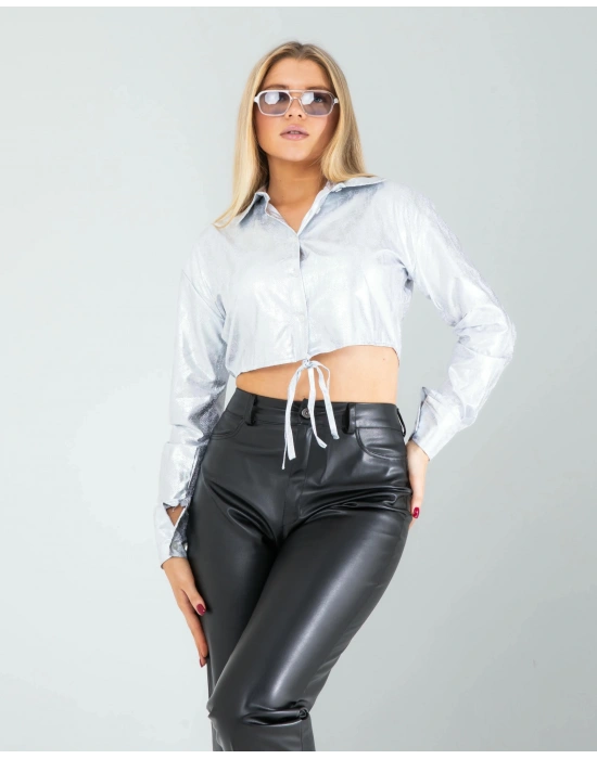 Gümüş Yılan Varaklı Beli Bağcıklı Gömlek